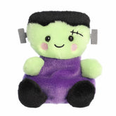 Cute Frankenstein plush with vivid green body, neck bolts, and a sparkling purple shirt. Perfect for collectors.